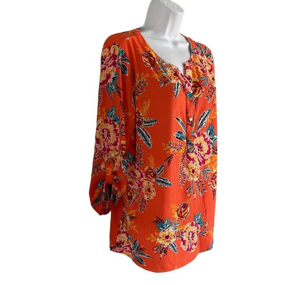 Emily Daniels Orange Floral Print 3/4 Sleeves Top Women's Medium - Picture 3 of 10